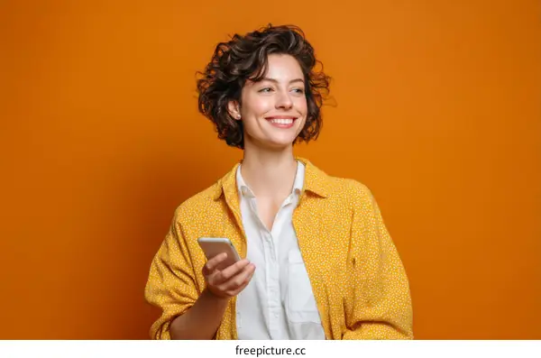 Smiling Woman Holding Smartphone Against Orange Background