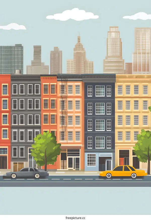 Cityscape with buildings, cars and trees