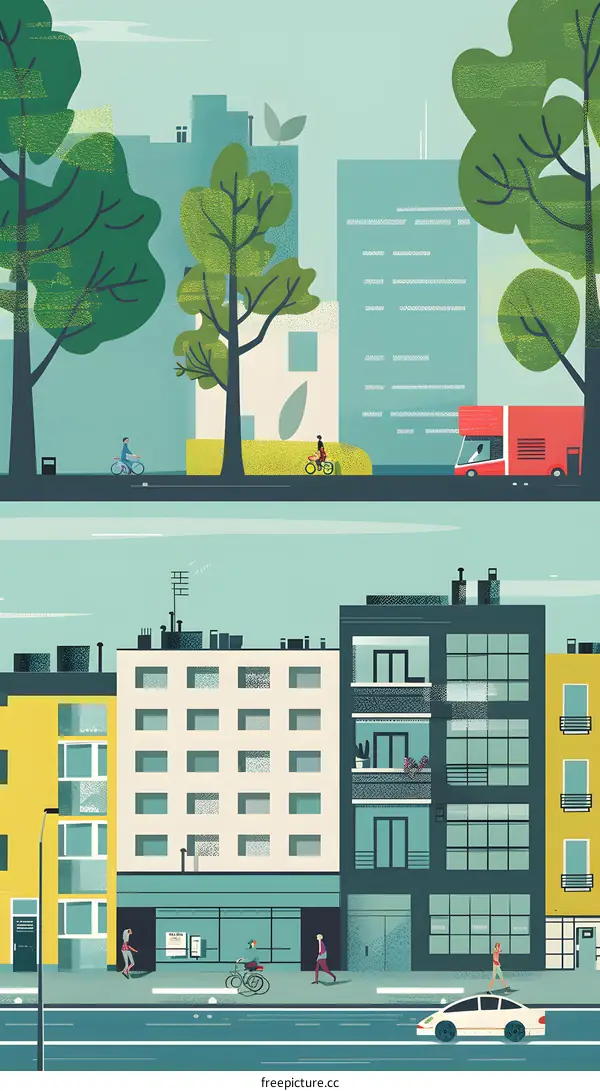 Cityscape Illustration with People Walking and Riding Bikes