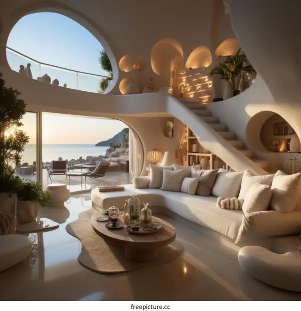 Futuristic interior design living room with large windows and curved staircase