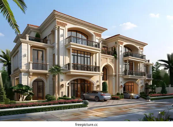 Luxury Modern House With Palm Trees And Cars