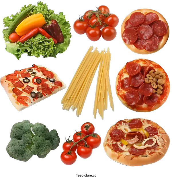 [Transparent Background PNG]Pizza, Spaghetti, and Vegetables Food Image