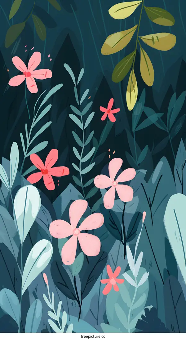 Floral Illustration with Pink and Green Flowers on Blue Background