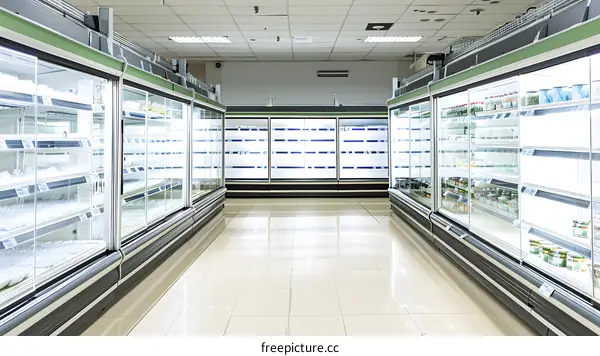 Empty Refrigerated Aisle in Grocery Store