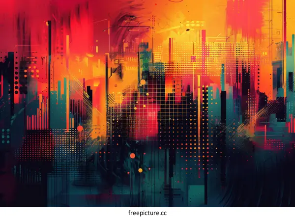 Abstract painting with bright red orange yellow colors