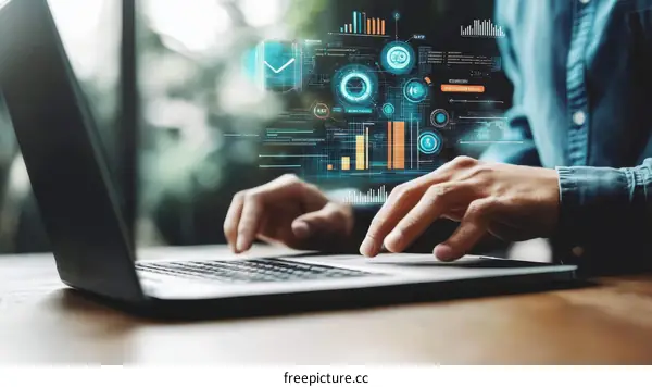 Modern Technology Business Concept Illustration of Laptop with Holographic Data