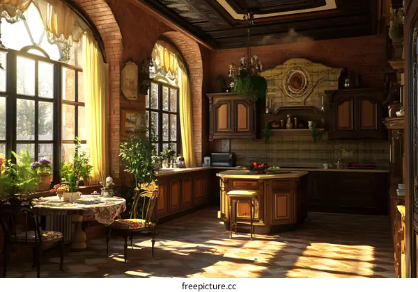 Vintage Kitchen Interior Design With Brick Wall And Arched Windows