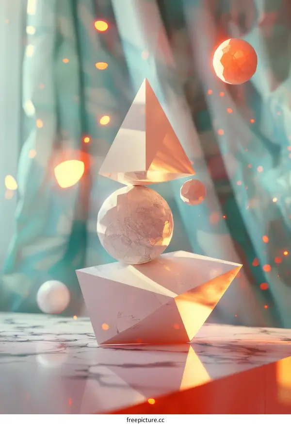 Abstract 3D shapes composition with floating spheres and geometric elements in a surreal pastel environment
