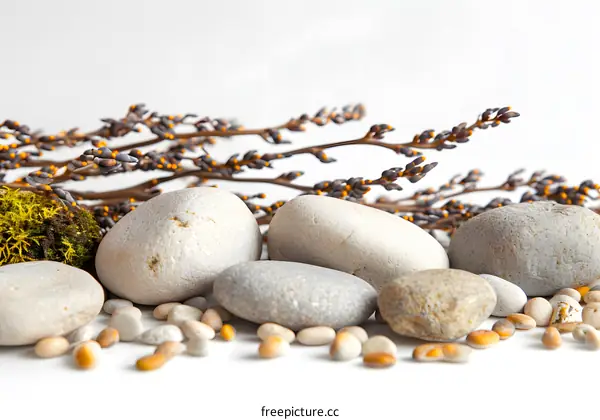 Smooth Gray Stones with Branch and Small Pebbles on White Background