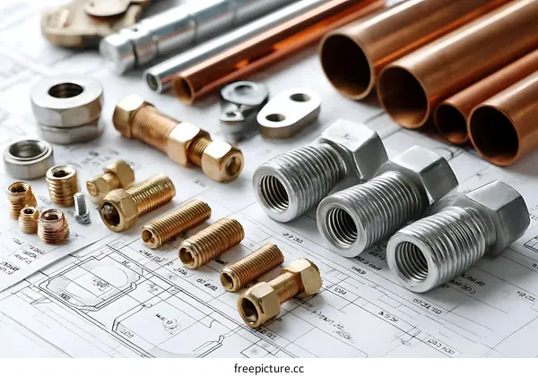 Plumbing Parts and Copper Pipes on Blueprint