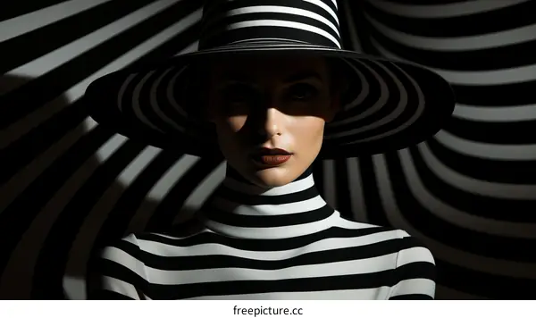 Black and white portrait of a woman wearing a striped hat and turtleneck.