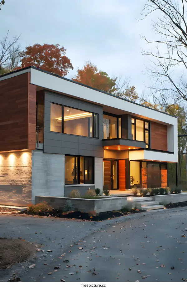 Modern House Exterior Design with Grey Facade and Wood Accents