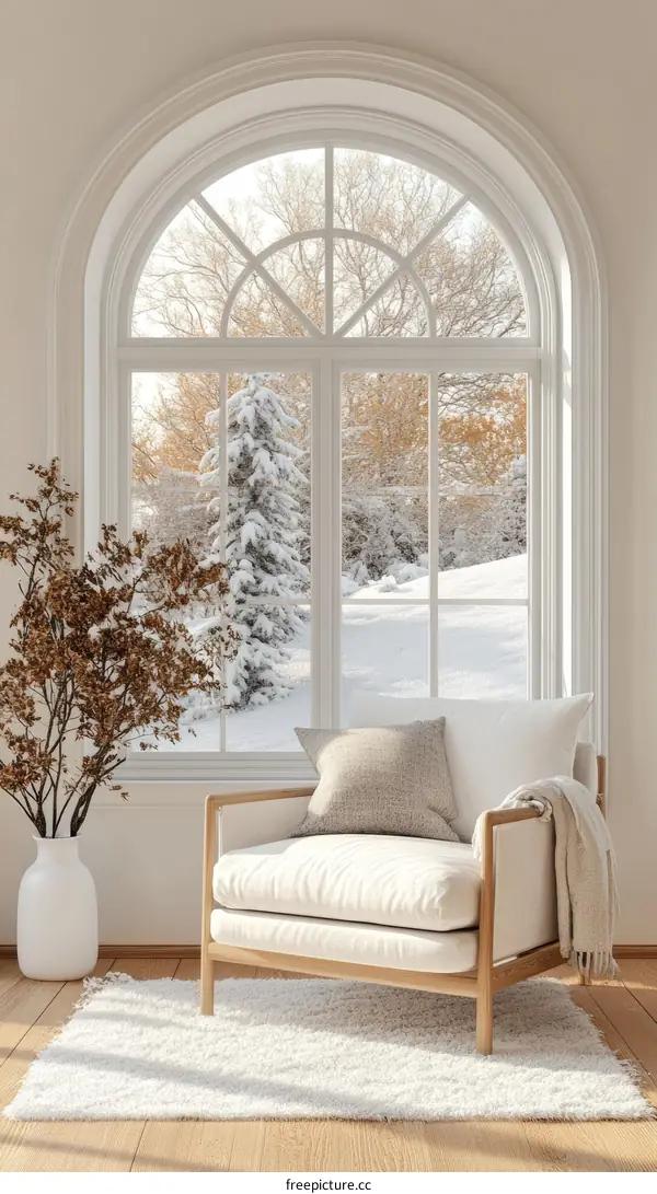 Cozy Winter Living Room with Snowy View