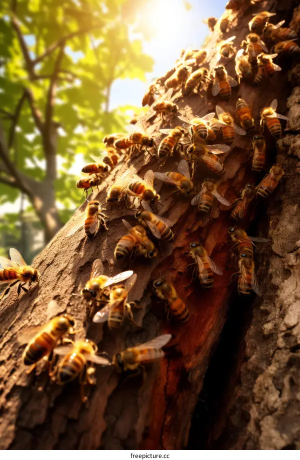 Honey bees swarming on a tree trunk in the forest