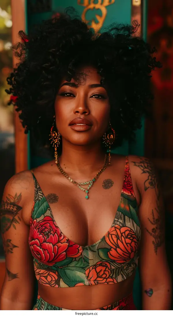 Black woman with curly hair wearing a floral crop top