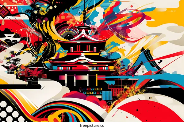 Abstract Japanese Temple Illustration with Vibrant Colors