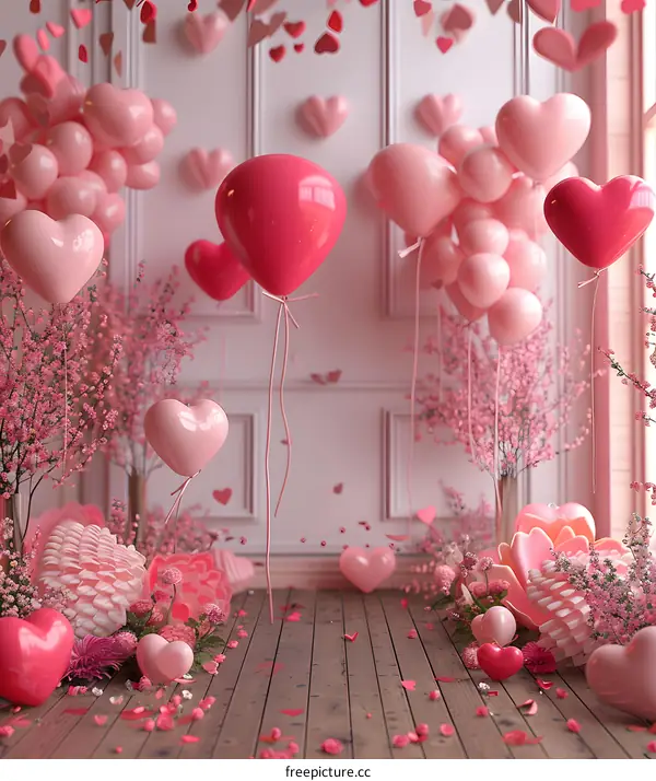 Pink love balloons and flowers
