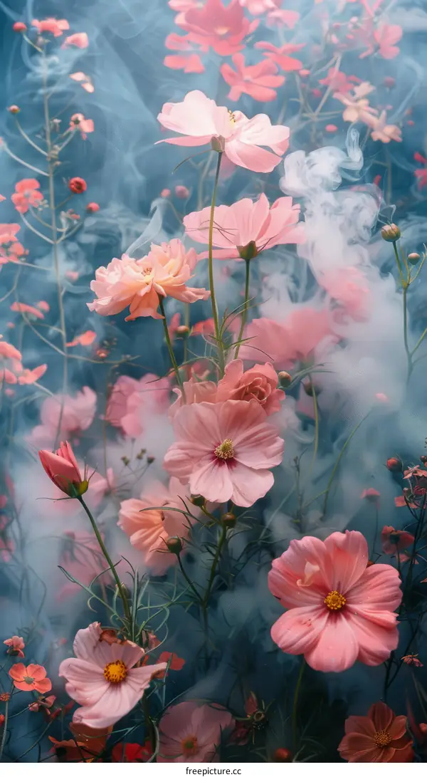 ethereal flowers in a field of mist