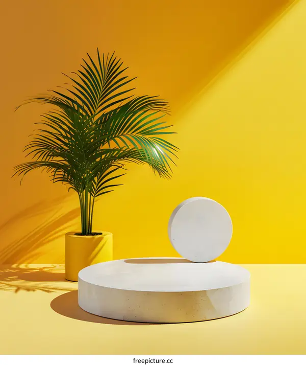Yellow Background with Palm Tree and White Circular Platforms