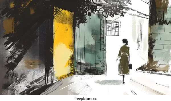 Woman in Green Dress Walking Through a Yellow Doorway