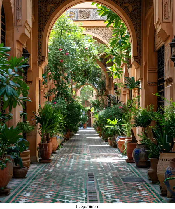 Traditional Moroccan Courtyard with Arched Passages and Lush Greenery