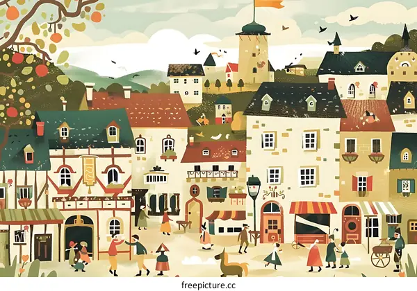 Illustration of a European Village with Buildings and People