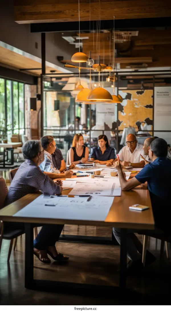 A group of people are sitting around a table having a meeting