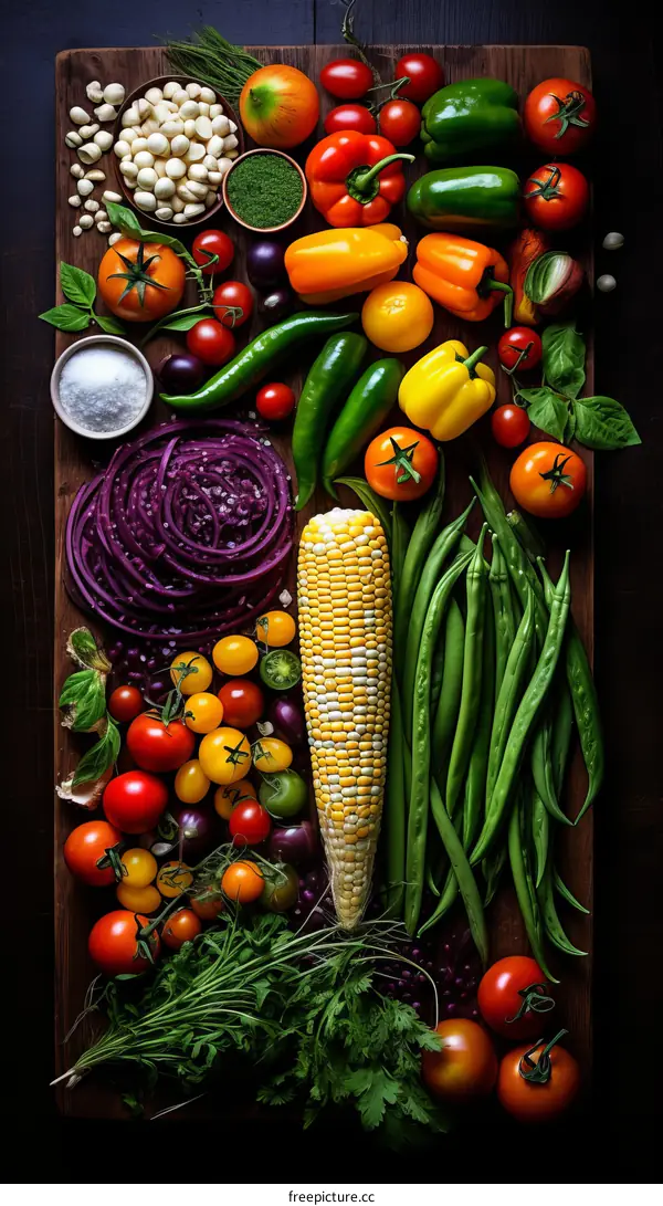 Vibrant still life of colorful vegetables and spices