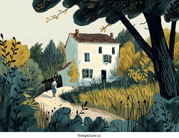 Woman Walking on a Path Towards a House in the Woods