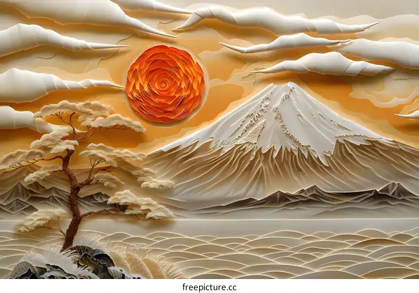 Paper Art Landscape with Mountain, Sun, and Clouds