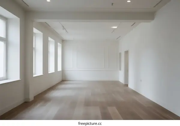 Empty white room with large windows and wooden flooring