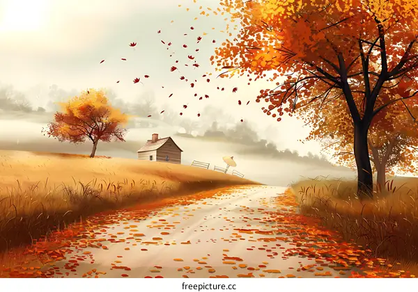 Autumn Landscape Painting with Small Cabin and Trees