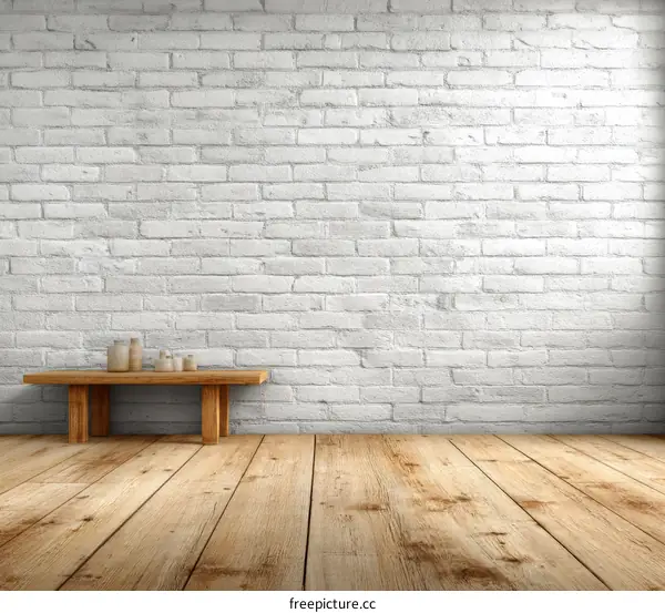Empty Room with White Brick Wall and Wooden Floor