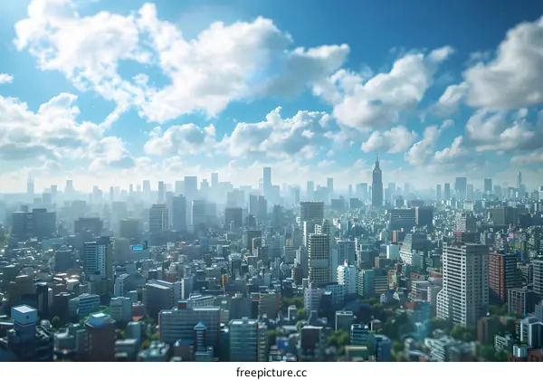 A cityscape of a large city with many skyscrapers and a blue sky with white clouds.
