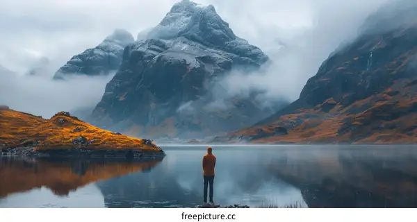 Man standing on a rock in a lake with a mountain in the background