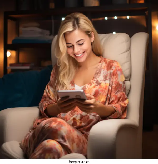 Beautiful young woman relaxing in a chair and reading a book