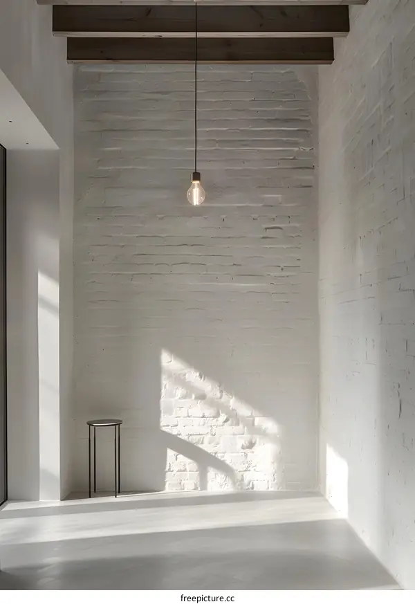 White Brick Wall Interior Design with a Hanging Light Bulb