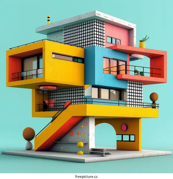 Colorful 3D rendering of a Memphis style building