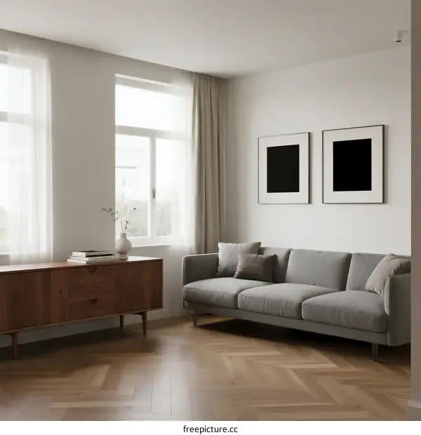 Minimalist living room with gray sofa and wooden furniture