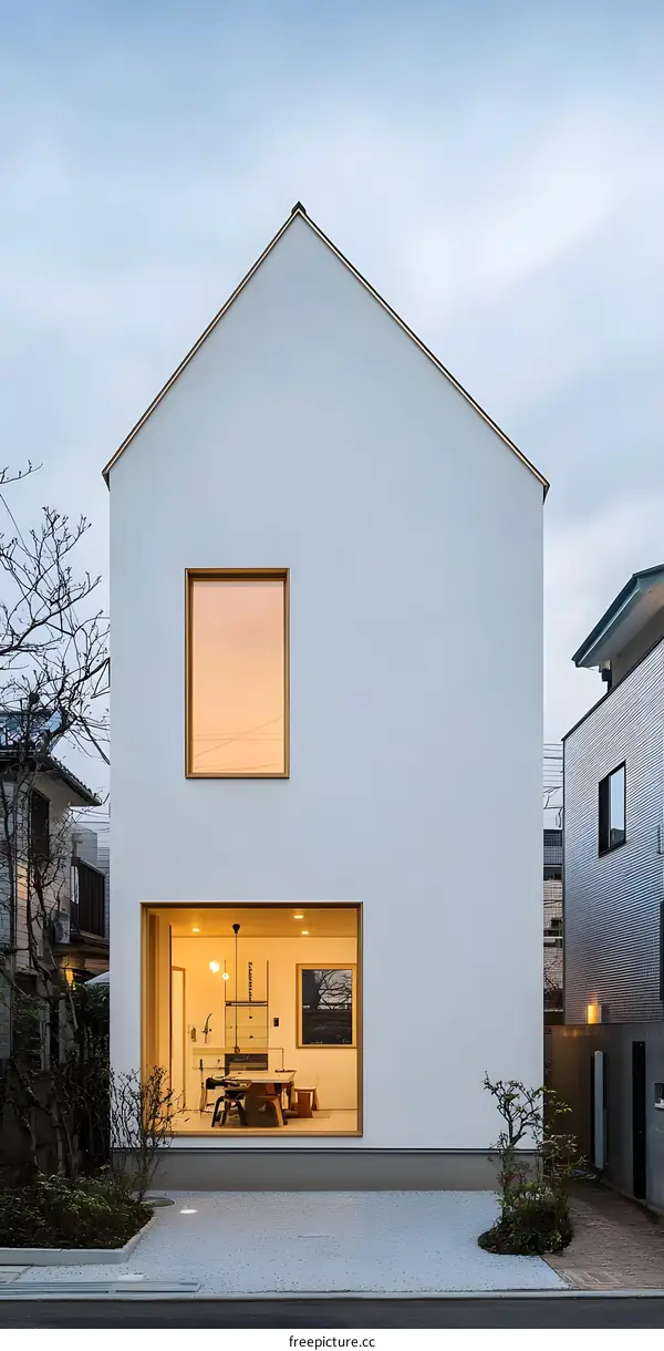 Modern Minimalist White House with Golden Trim and Large Windows