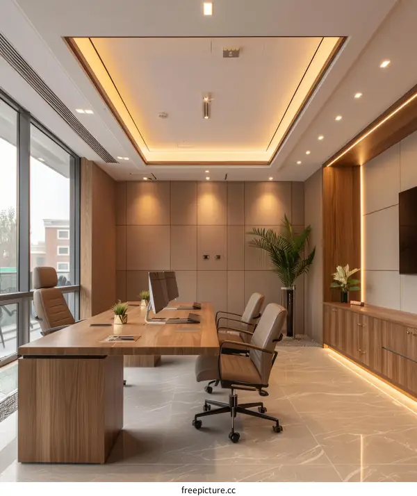 Modern office interior with wooden desk and leather chairs
