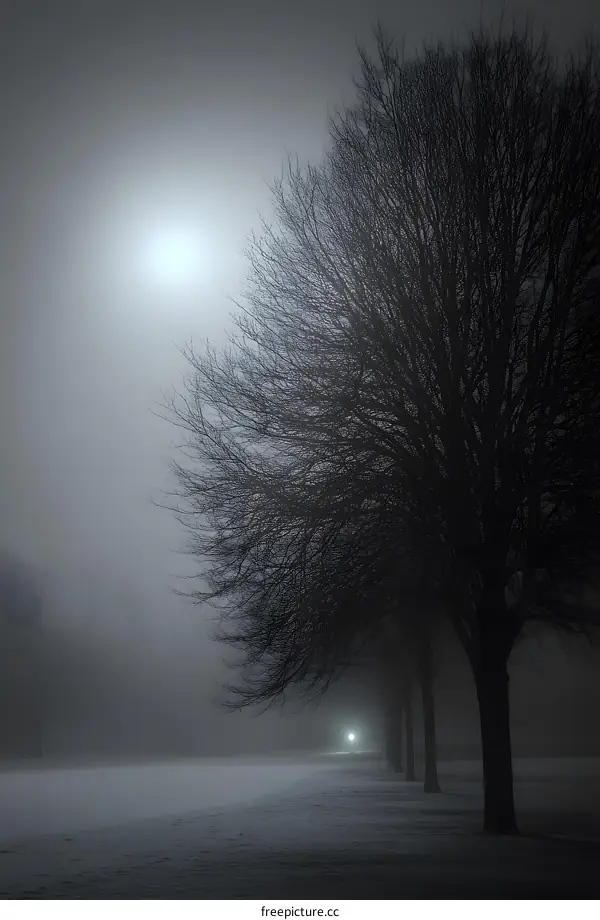 Foggy Night with Silhouetted Trees