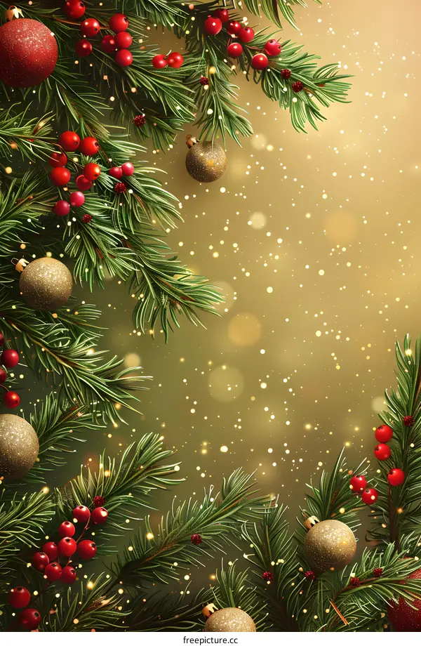 Christmas background with fir branches and red and gold ornaments.