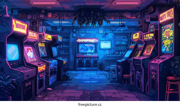 Empty Retro Arcade Interior at Night