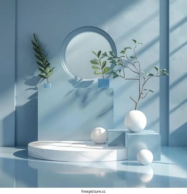 Blue and White Minimalist Podium with Plants and Geometric Shapes