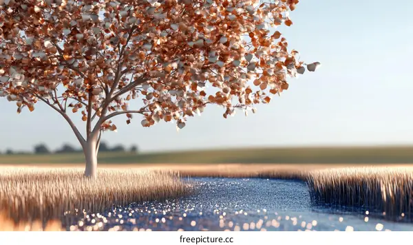 Autumnal Tree by the Creek Illustration