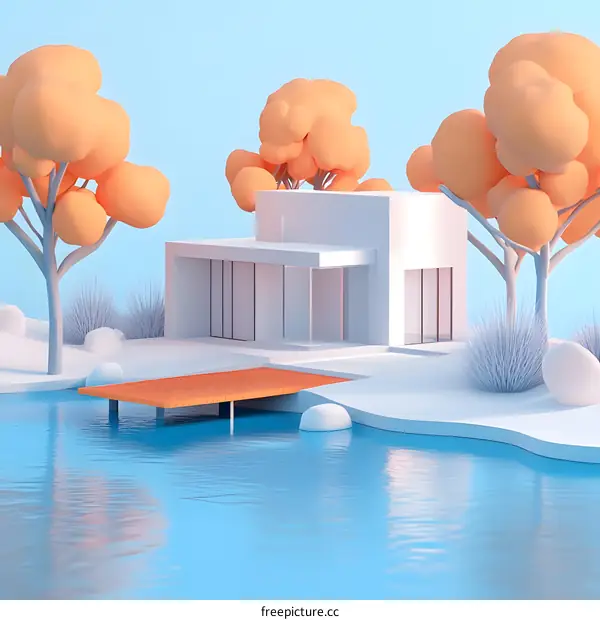 Minimalist 3D Render of a Modern House with a Dock on a Blue Lake
