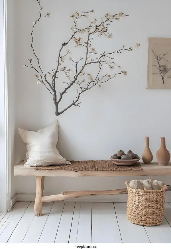 Minimalist Interior Design with Wooden Bench and Dried Flower Branch