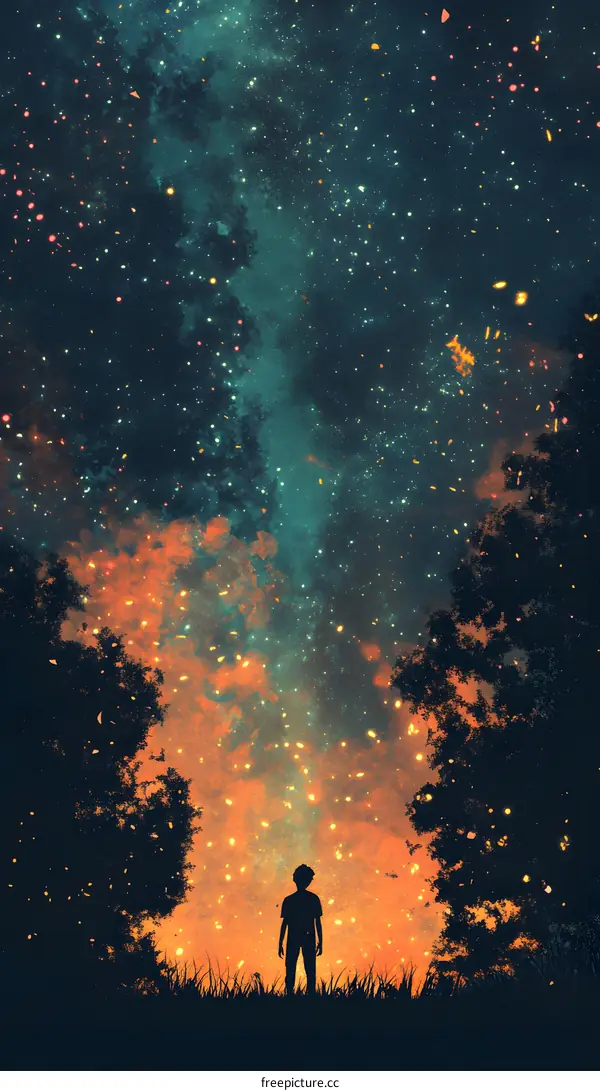 Silhouette of a Person Standing in a Forest with a Starry Sky