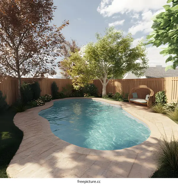 Backyard Pool Design with Wooden Fence and Lush Greenery